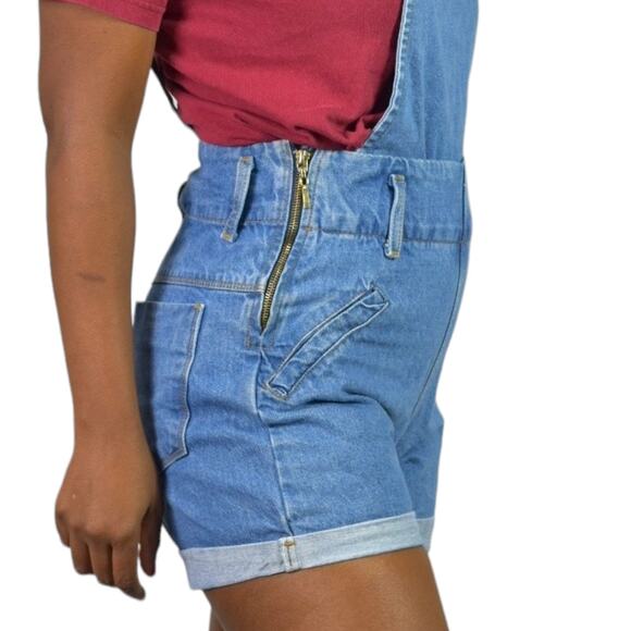 Vintage Blossom Jeans Bib Overall Blue Denim Shorts 80s Suspender Cuffed Size XS - Picture 8 of 15